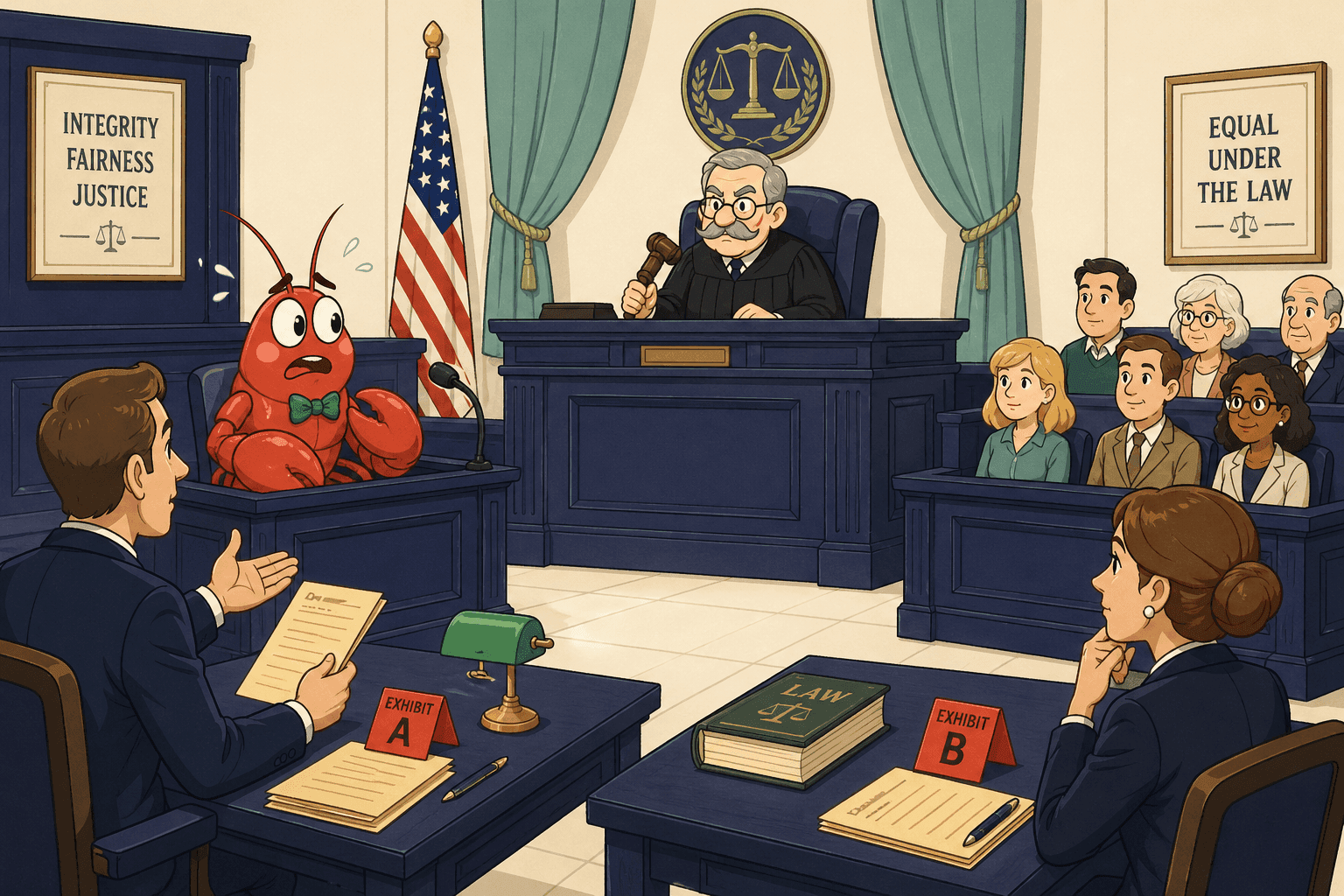 A cartoon crab or lobster in a courtroom setting