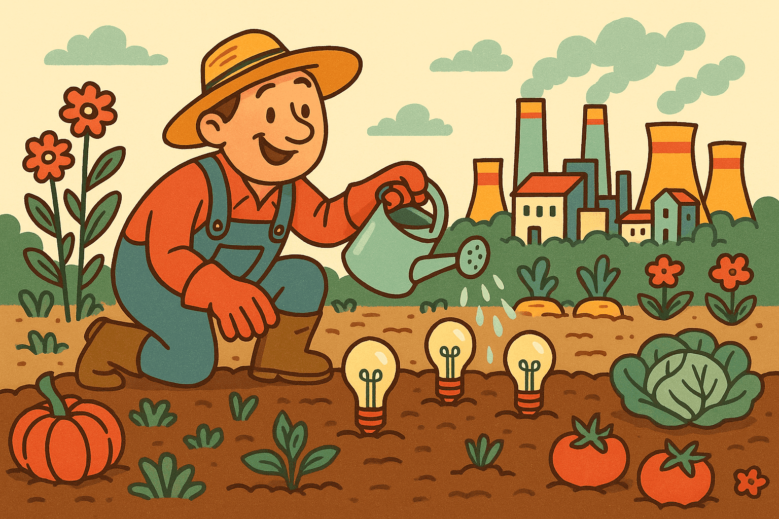 A humorous cartoon illustration of a confused gardener planting light bulbs in soil like seeds, while electrical power plants with smokestacks sprout up from the ground around him