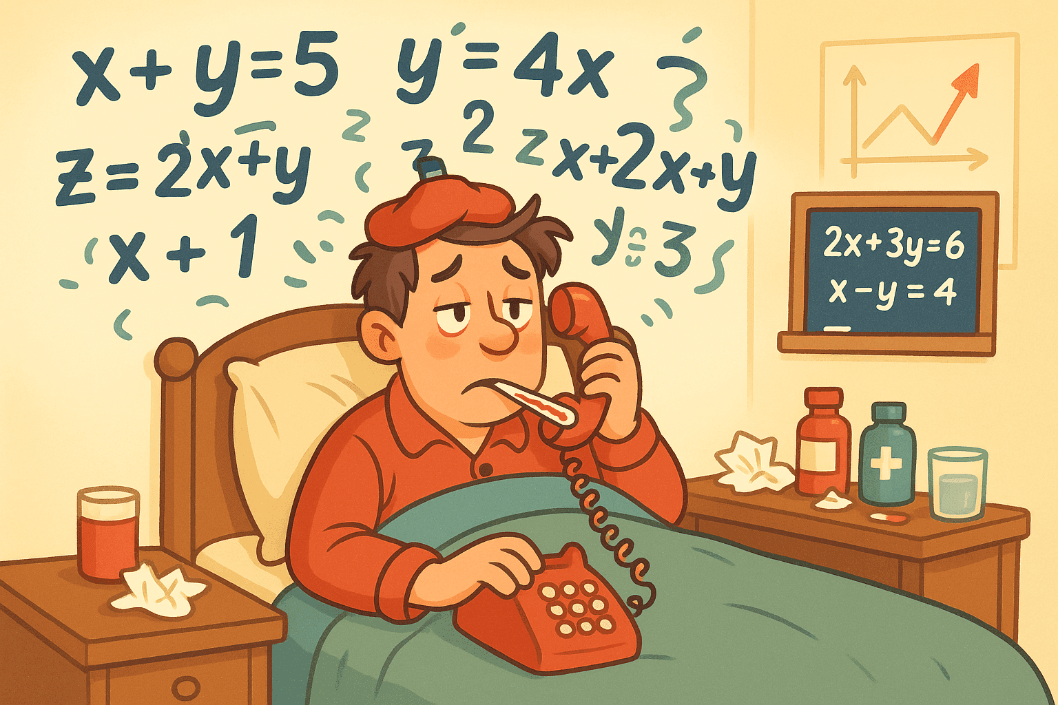 A cartoon math teacher in bed with a thermometer, surrounded by floating algebra equations and X variables that keep changing, while calling in sick on a phone with a chalkboard visible in the background