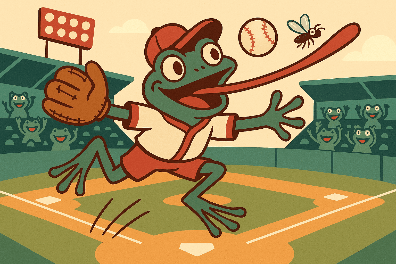 A humorous cartoon illustration of a frog wearing a baseball cap and glove, leaping high into the air to catch a fly (insect) while on a baseball diamond, with other frogs cheering in the background