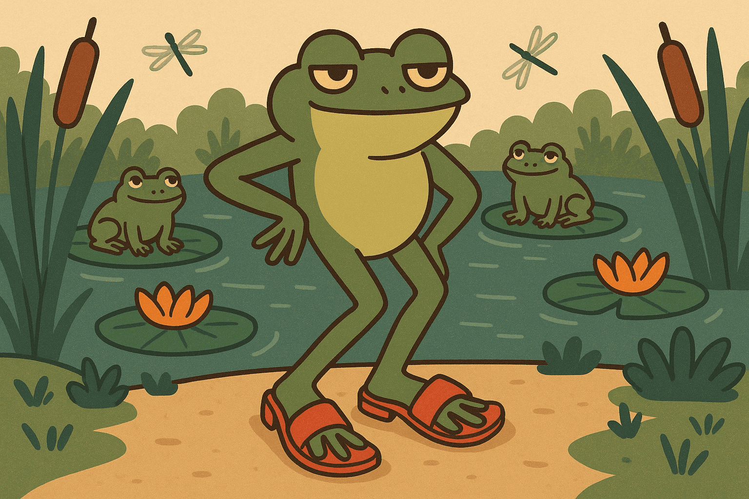 A cartoon frog wearing fashionable open-toed sandals on its webbed feet, posing confidently at a pond while other frogs admire the stylish footwear choice in a sunny wetland setting