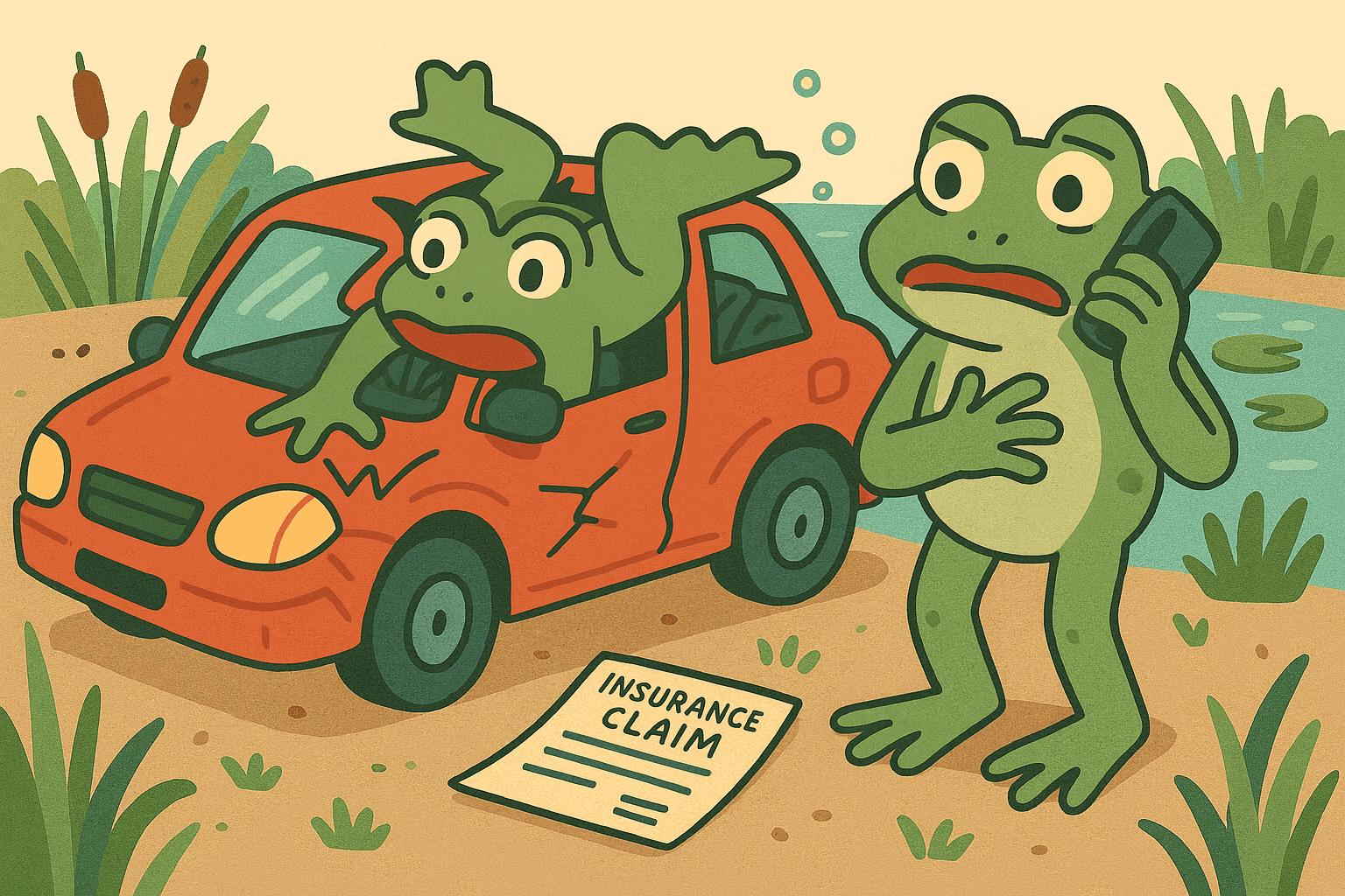 A cartoon frog with a worried expression on the phone next to a car with a large dent from where the frog literally jumped through the roof, with lily pads and pond scenery in the background