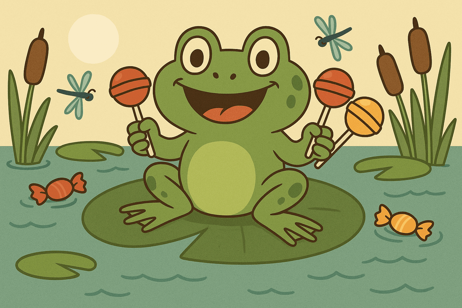 A humorous cartoon illustration of a happy frog with a big smile sitting on a lily pad, holding colorful lollipops and surrounded by candy wrappers in a pond setting