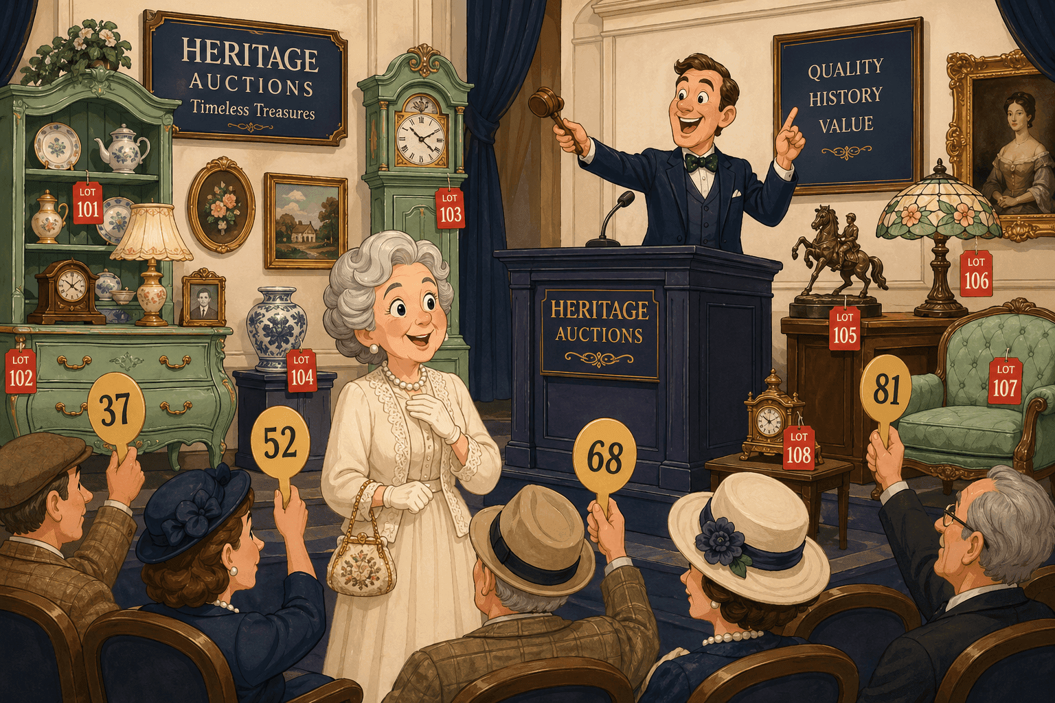 A cartoon elderly woman at an auction with vintage items around