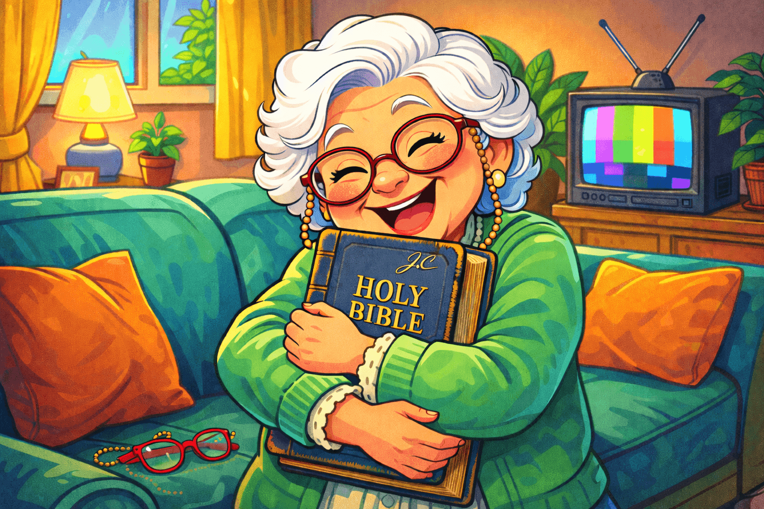 A cartoon elderly woman holding an ancient Bible with a signature inside
