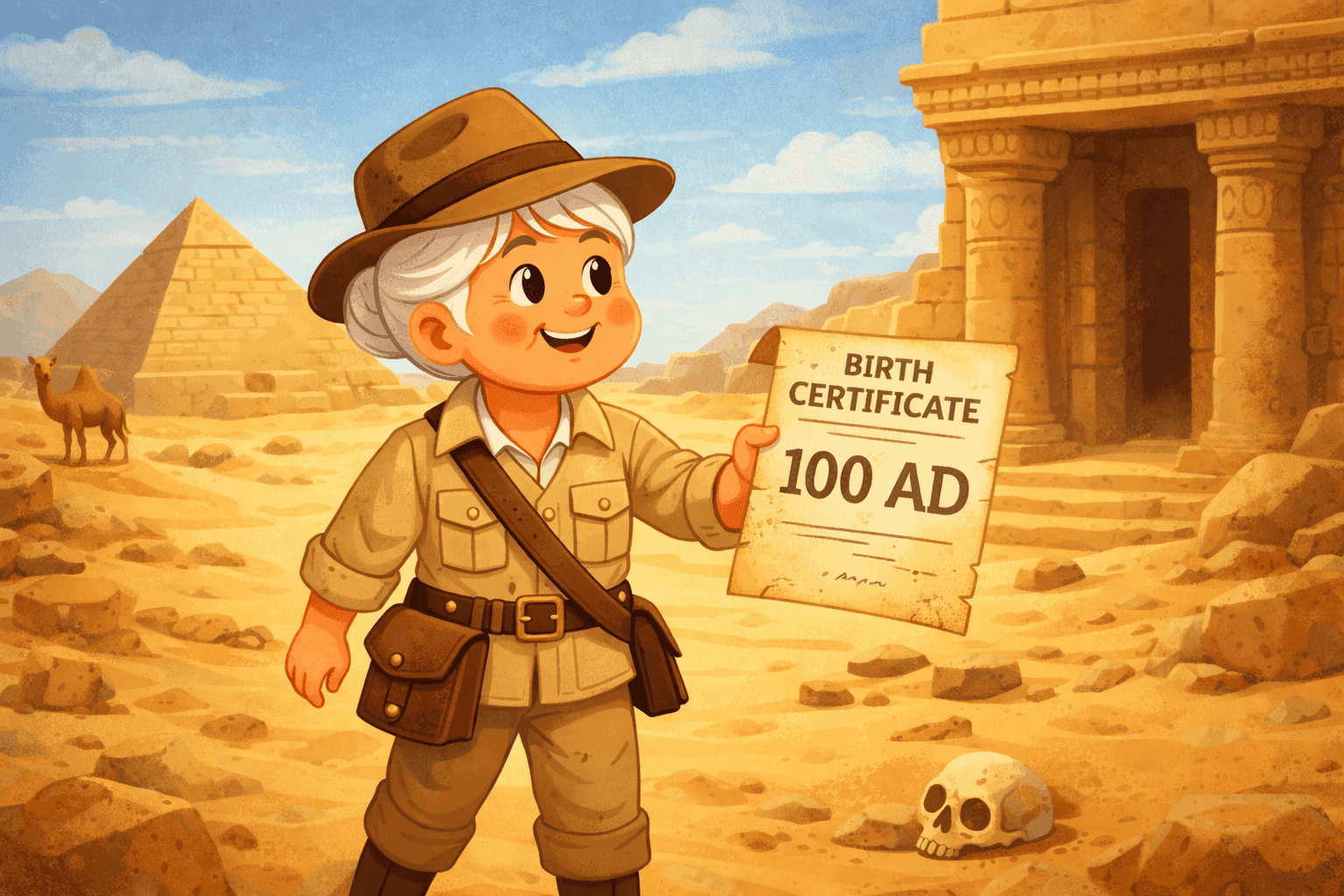 A cartoon elderly woman looking at an ancient calendar system