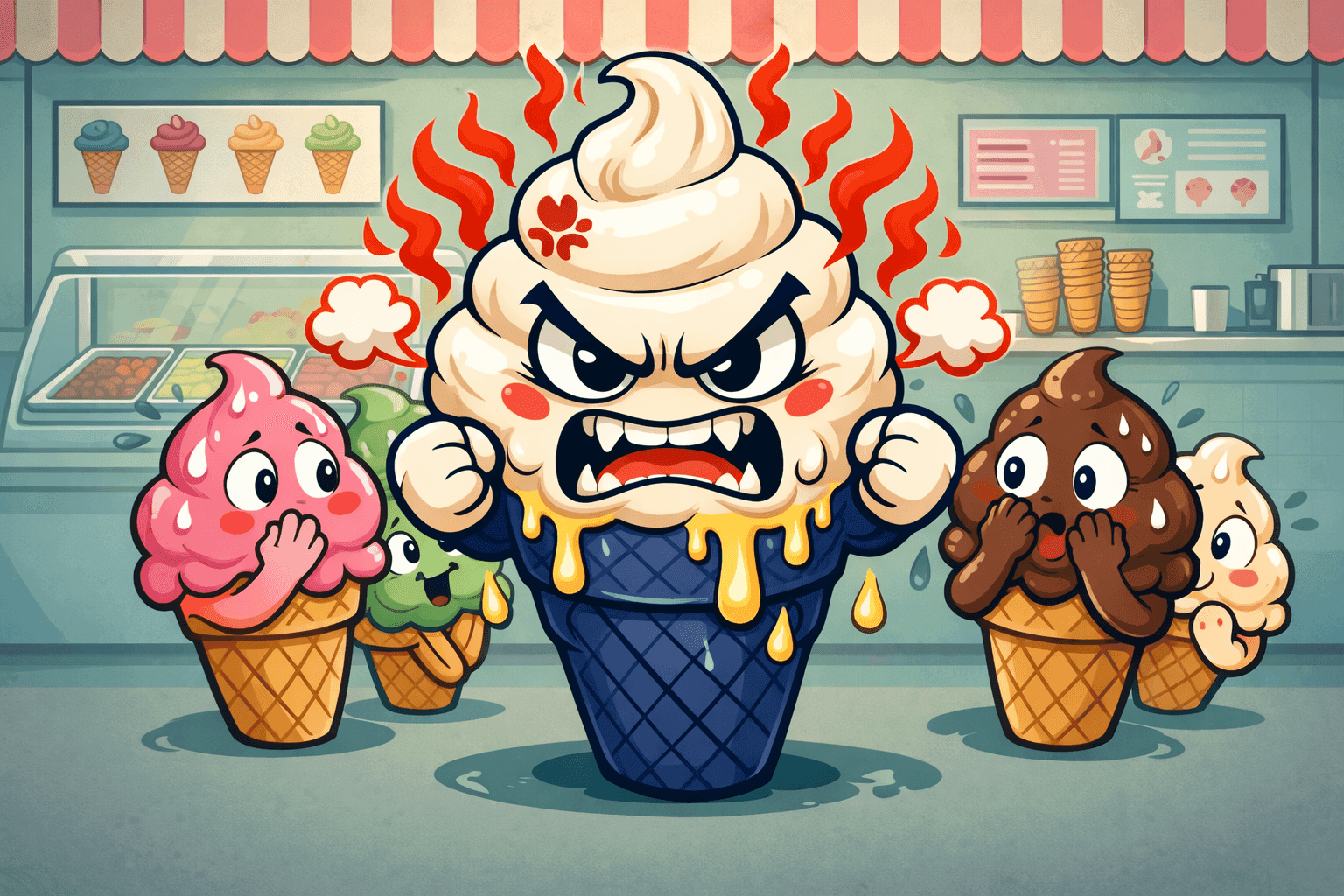 A cartoon ice cream cone looking furious and upset