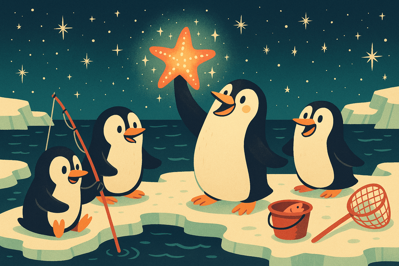 A humorous cartoon illustration of penguins fishing at night under a starry sky, with one penguin proudly holding up a glowing starfish while other penguins look on admiringly from an icy shore