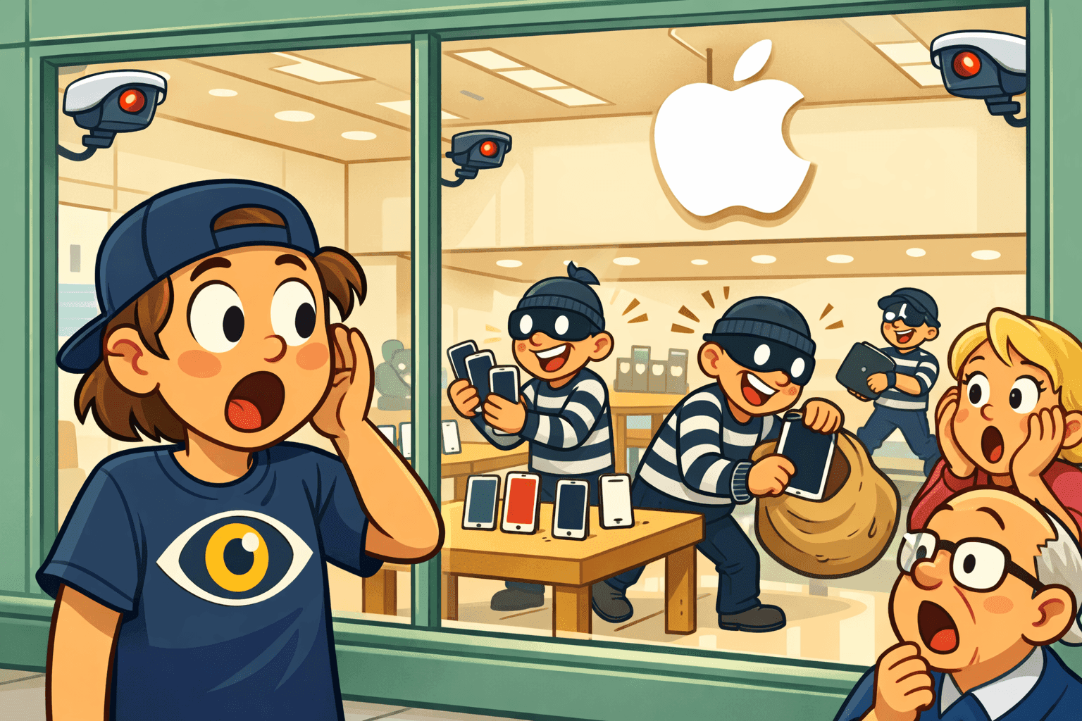 A cartoon person with an eye logo watching a robbery at an Apple Store