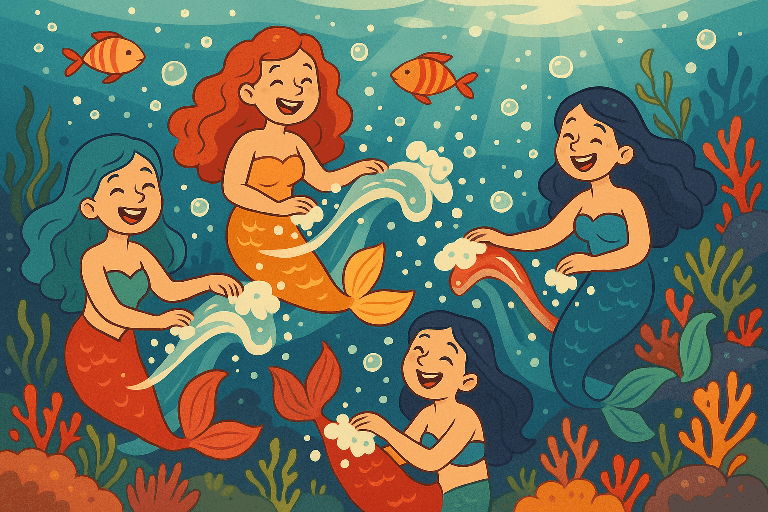 A humorous cartoon illustration of cheerful mermaids underwater using ocean tide waves to wash their colorful fins, with bubbles and soap suds floating around them in a coral reef setting