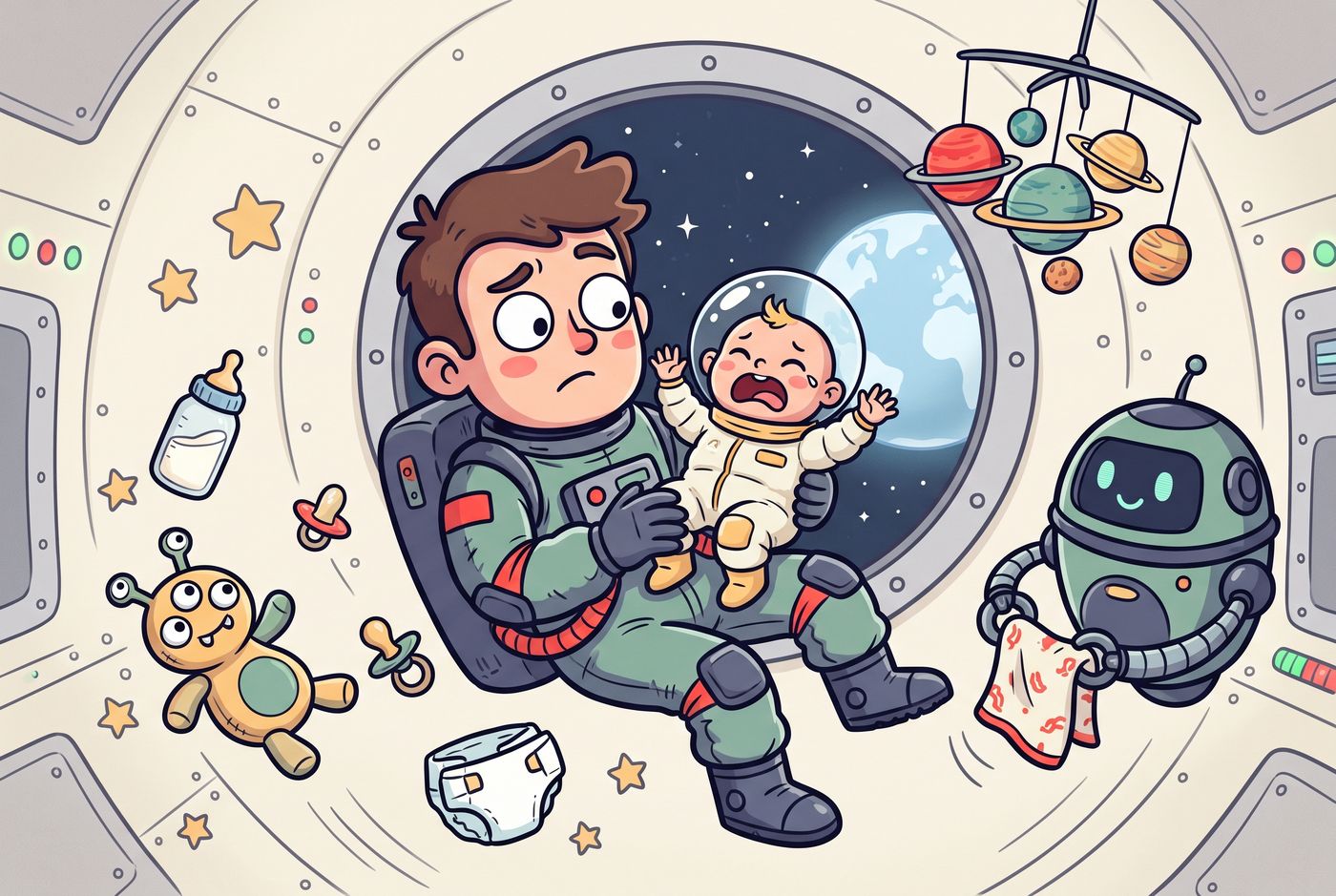 Cartoon of a puzzled astronaut parent floating in a space station nursery holding a fussy baby in a tiny spacesuit