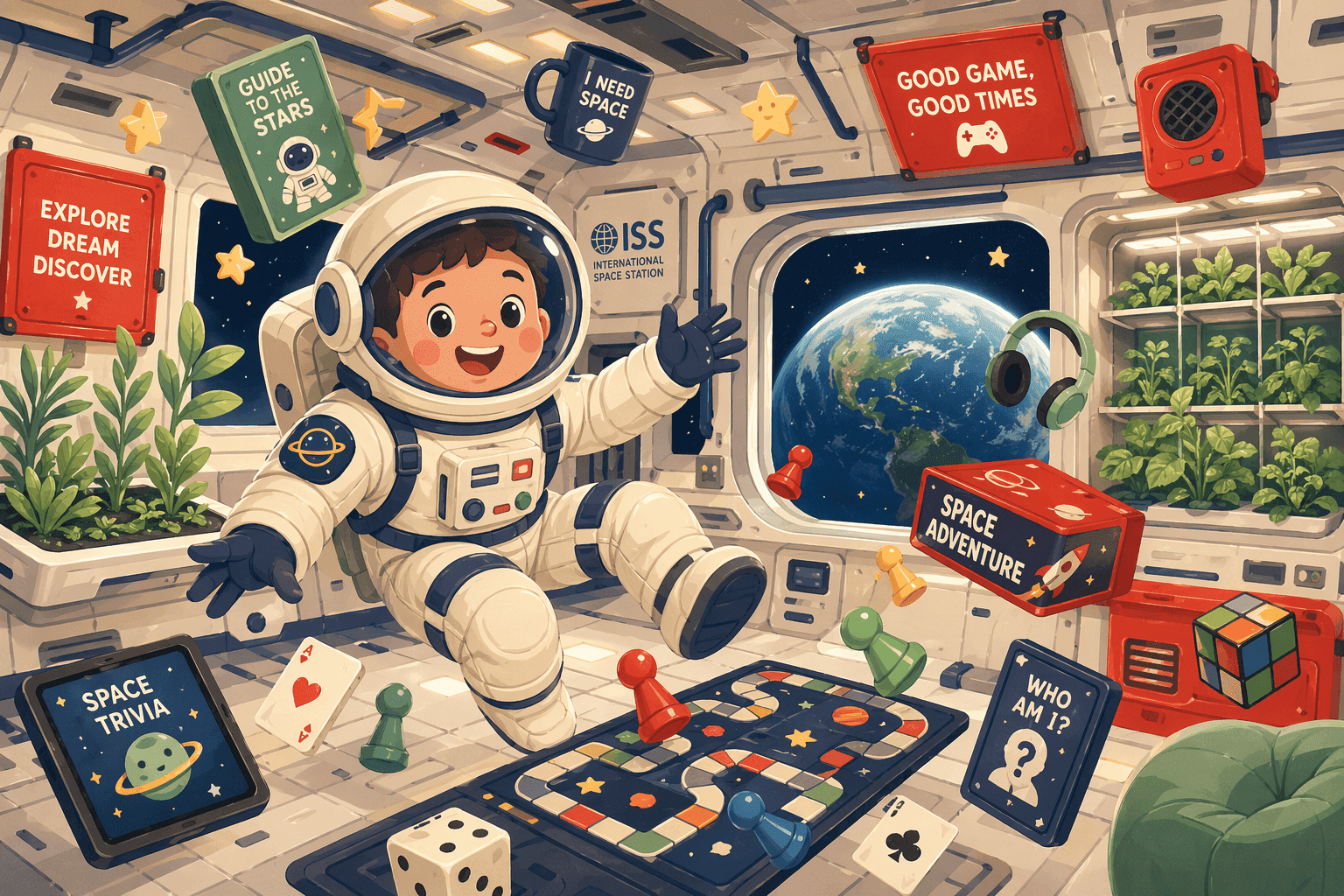 A cartoon astronaut floating in a space station with games nearby
