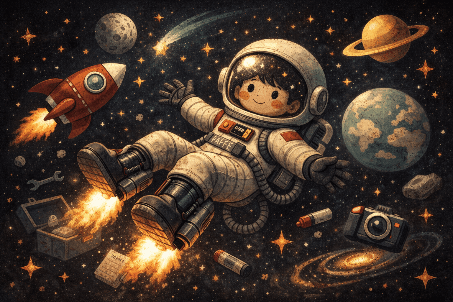 A cartoon astronaut floating in space with stars around