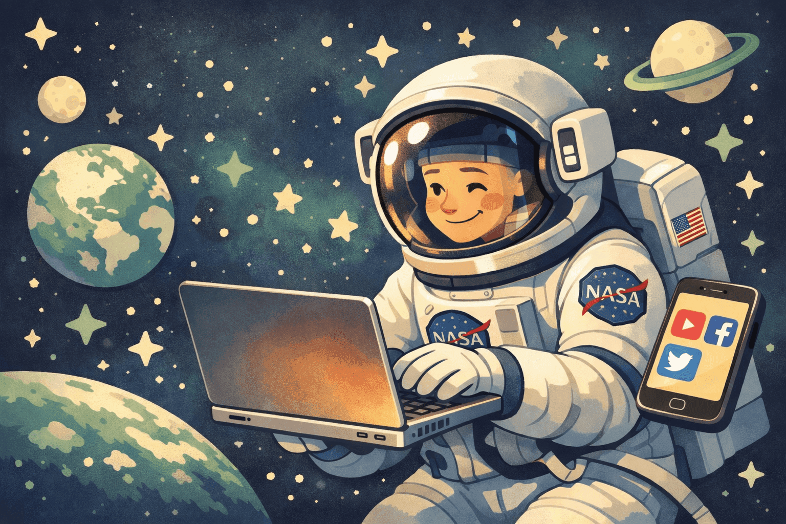 A cartoon astronaut floating in space using a laptop showing MySpace