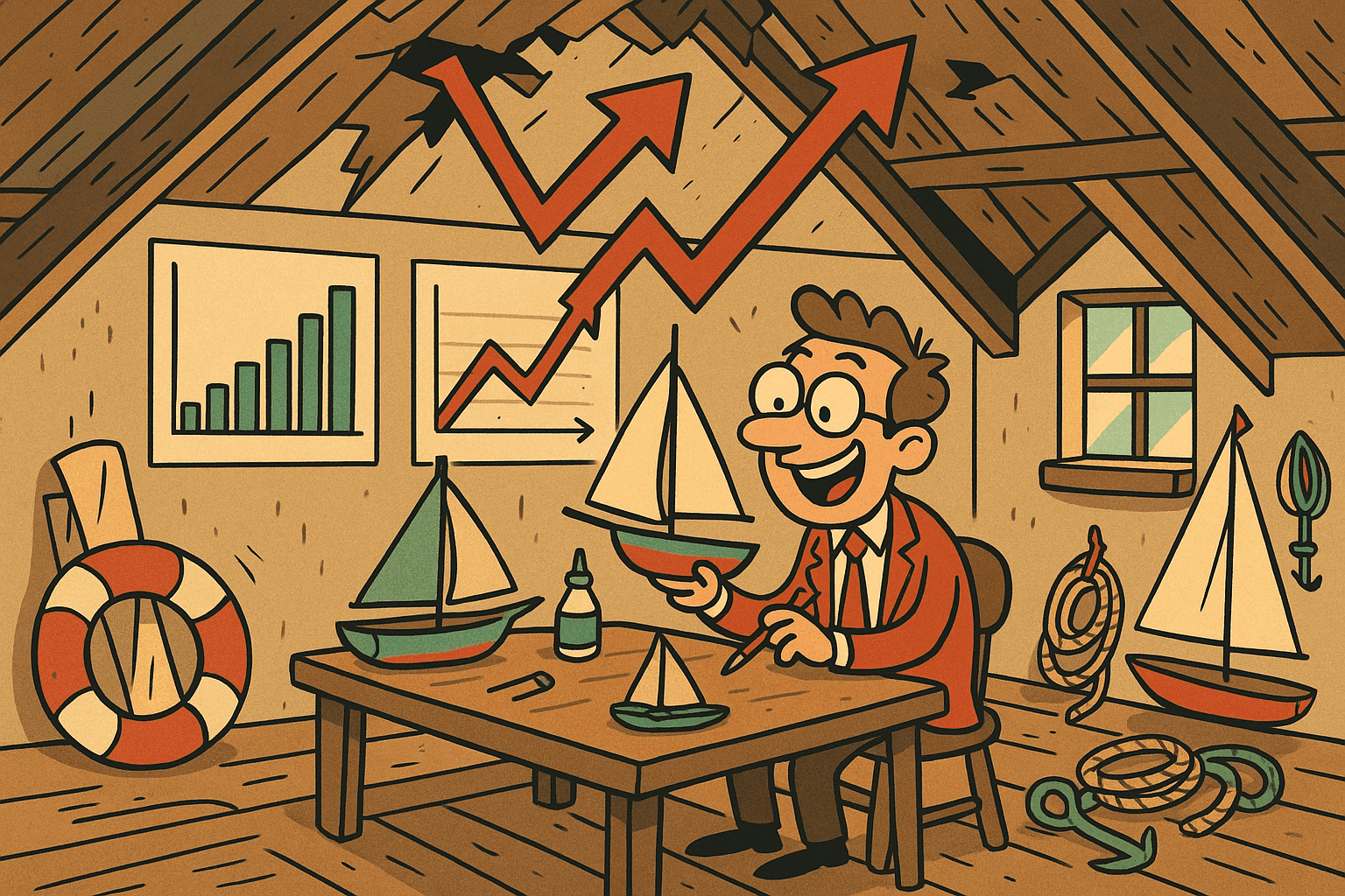 A humorous cartoon illustration of a person building miniature yachts in a cramped attic workspace, with sales charts showing arrows pointing upward through the roof, literally going through the ceiling
