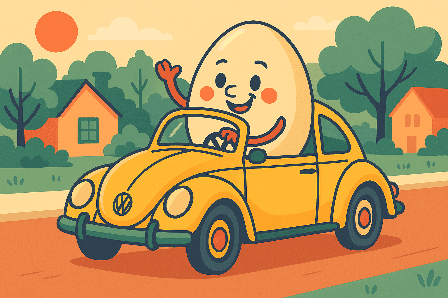 A humorous cartoon illustration of a cheerful egg character with arms and legs driving a yellow Volkswagen Beetle car shaped like an egg, cruising down a sunny road