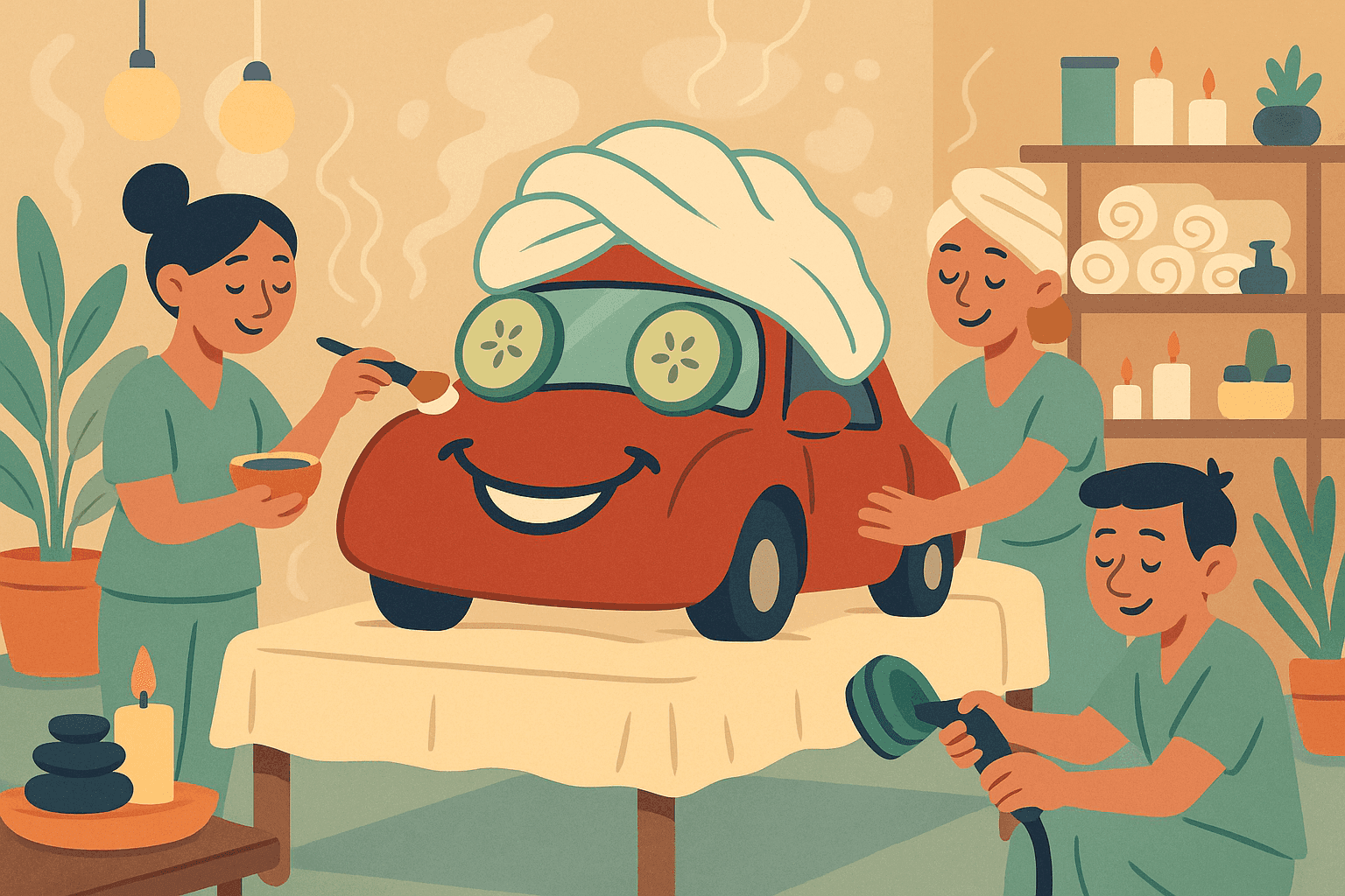 A humorous cartoon illustration of a relaxed car with a smiling face getting pampered at a spa, wearing a towel and cucumber slices on its headlights, with spa attendants working on it in a luxurious wellness center setting