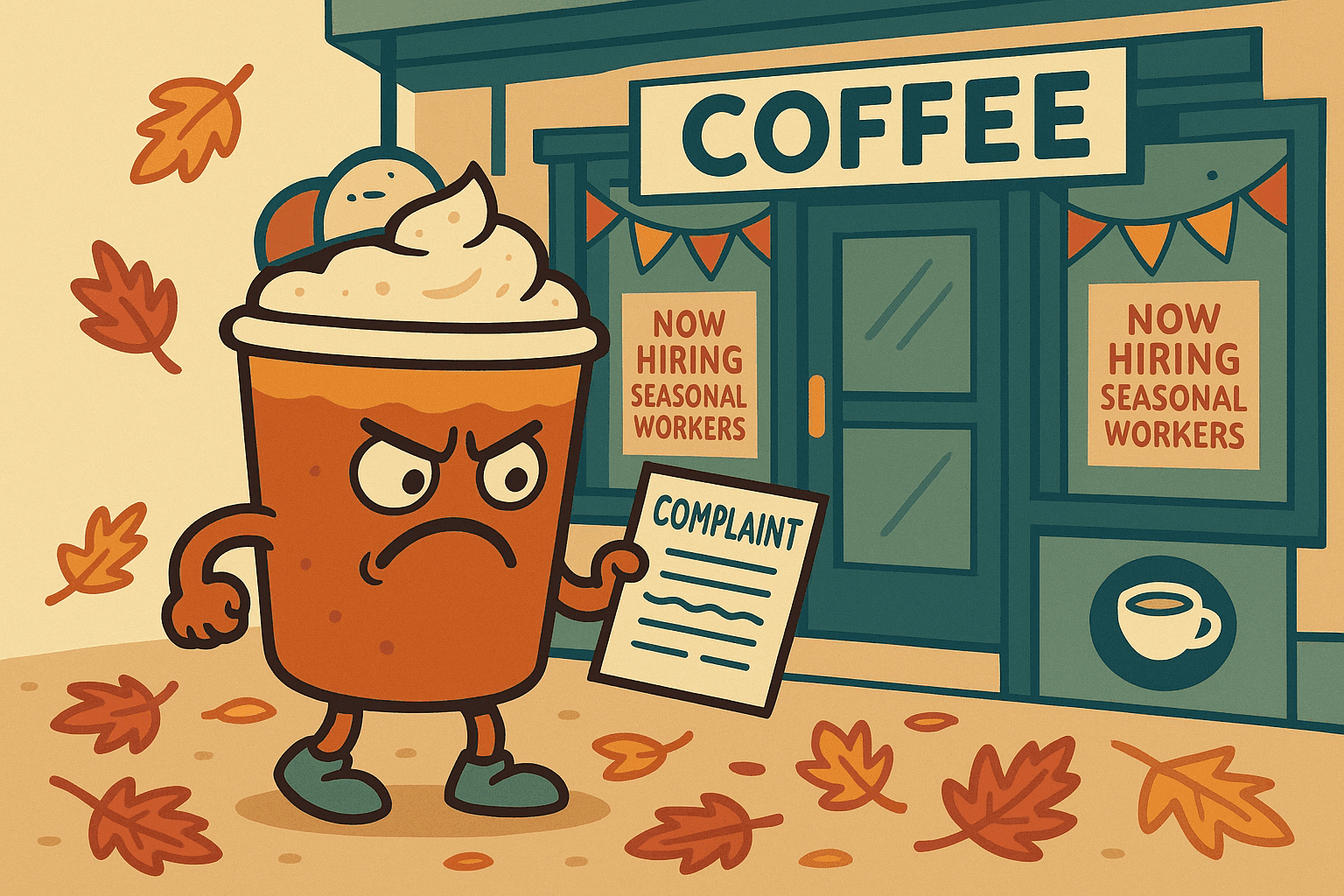 A humorous cartoon illustration of an angry pumpkin spice latte with arms, legs, and a frustrated expression holding a complaint form while standing outside a coffee shop, with fall leaves scattered around