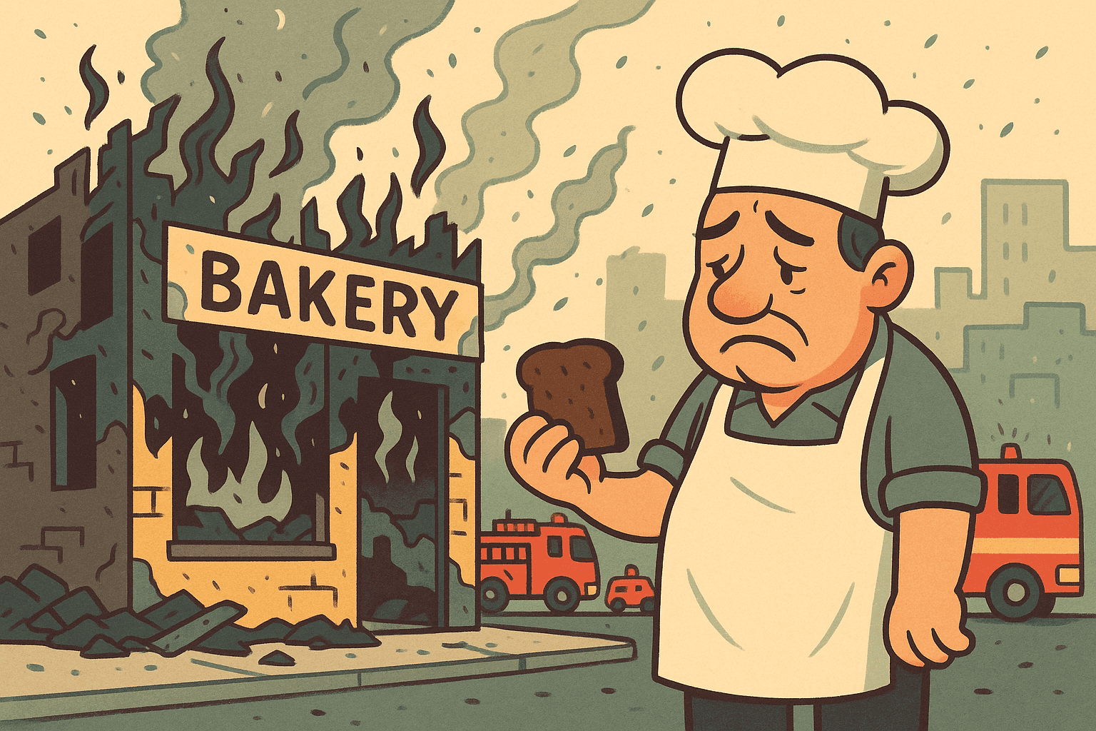 A cartoon baker with a sad expression standing in front of his burned bakery with smoke rising, while holding a piece of burnt toast that represents his business situation