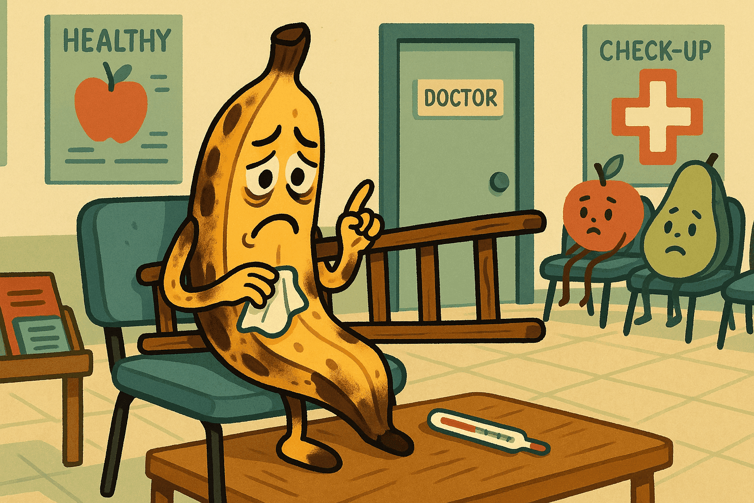 A cartoon banana with a worried expression and peeling skin that looks unhealthy, sitting in a doctor's office waiting room with a thermometer and tissues, looking under the weather