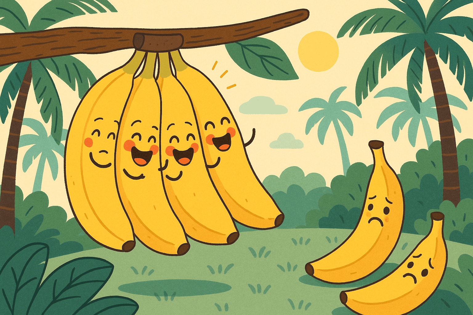 A cartoon bunch of bananas with happy faces chatting and laughing together while hanging from a tree branch, with individual bananas looking sad and lonely in the background