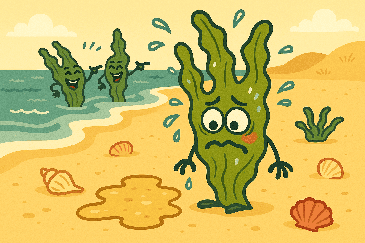 A cartoon piece of seaweed with mischievous eyes looking guilty while standing next to wet sand on a beach, with other pieces of seaweed giggling in the background and ocean waves nearby