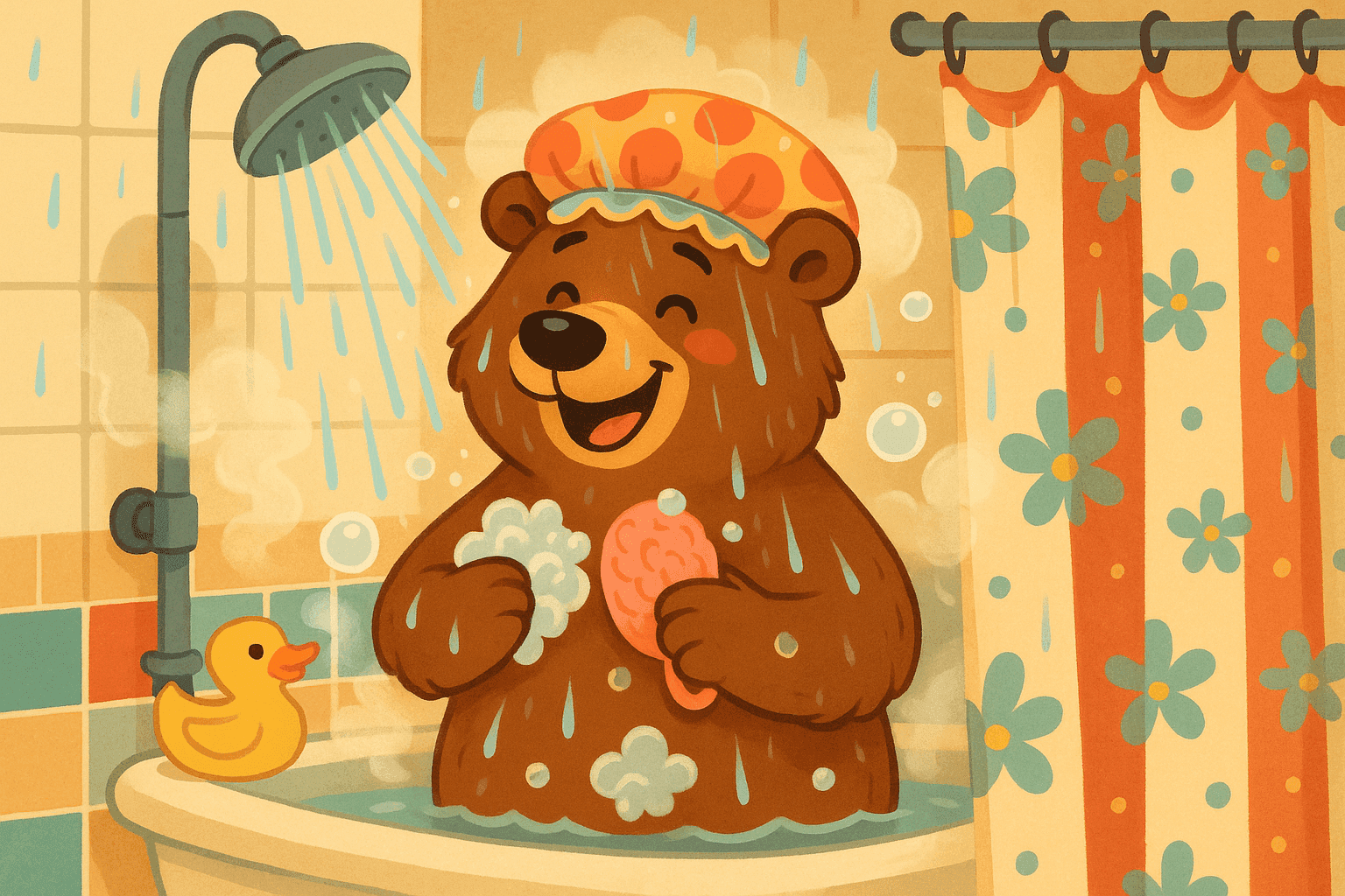 Cartoon illustration of a cheerful bear standing in a shower with water droplets falling around him, holding a loofah and wearing a shower cap, set in a cozy bathroom with steam and bubbles