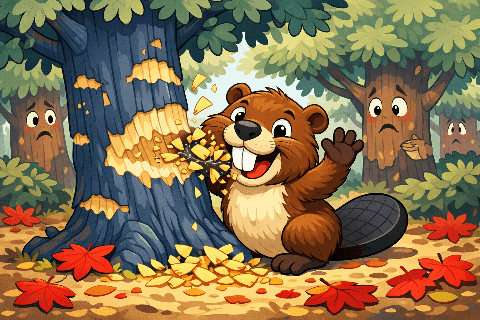 A cartoon beaver waving goodbye to a tree while chewing on it