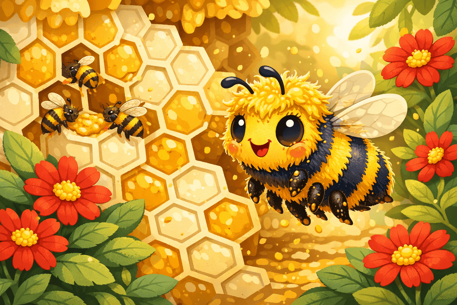 A cartoon bee with styled hair flying near a honeycomb