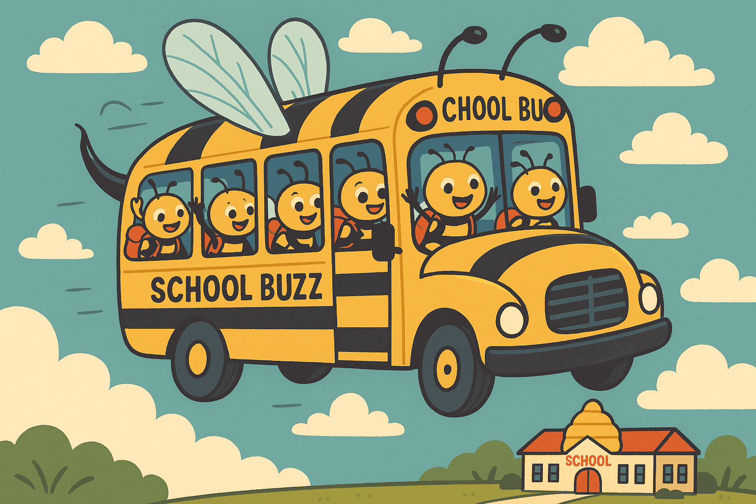 A cartoon yellow school bus with bee stripes and wings, filled with happy little bees wearing backpacks, flying through the sky toward a school building with a hive-shaped dome