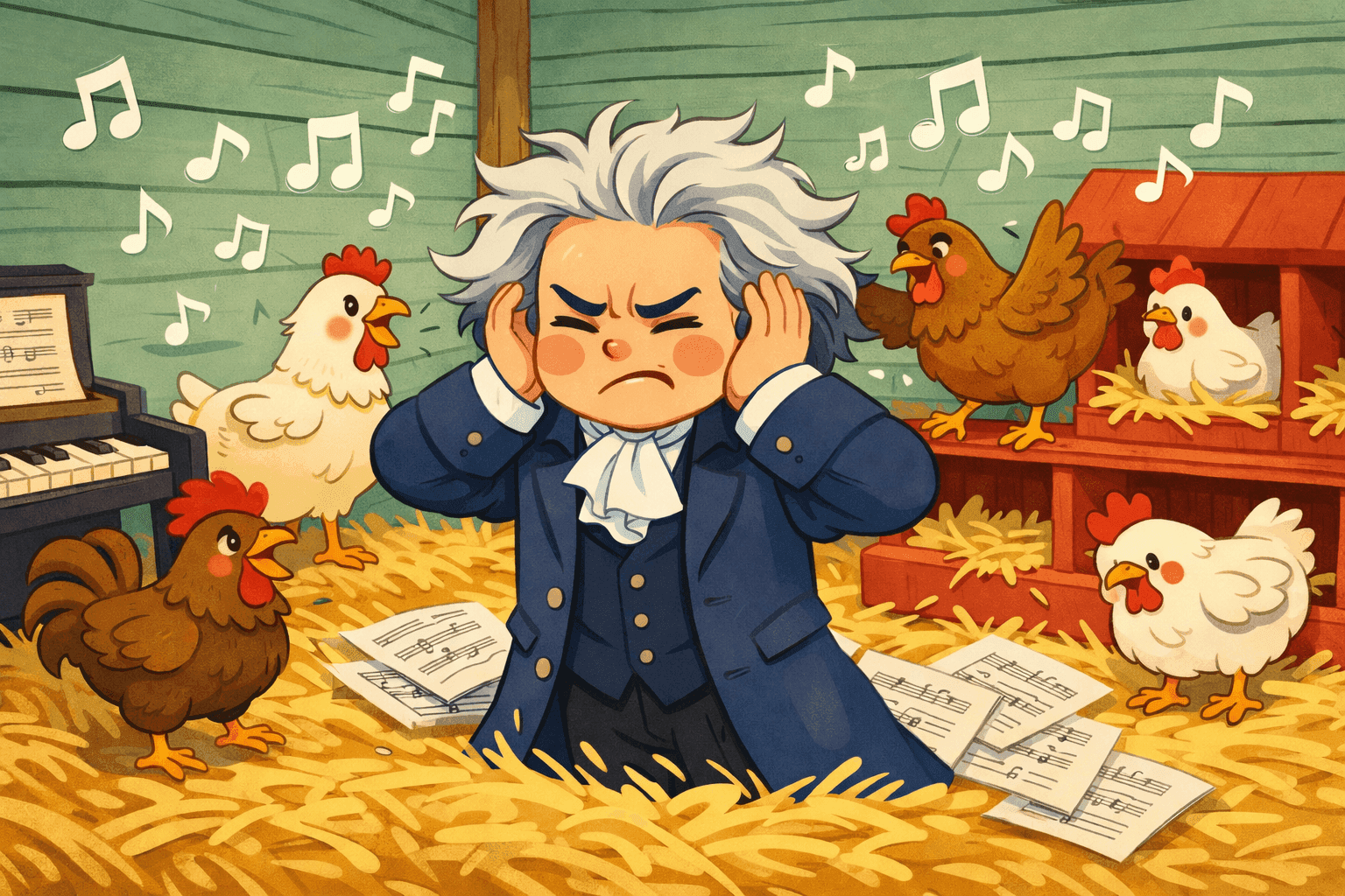 A cartoon composer looking frustrated at chickens in a coop