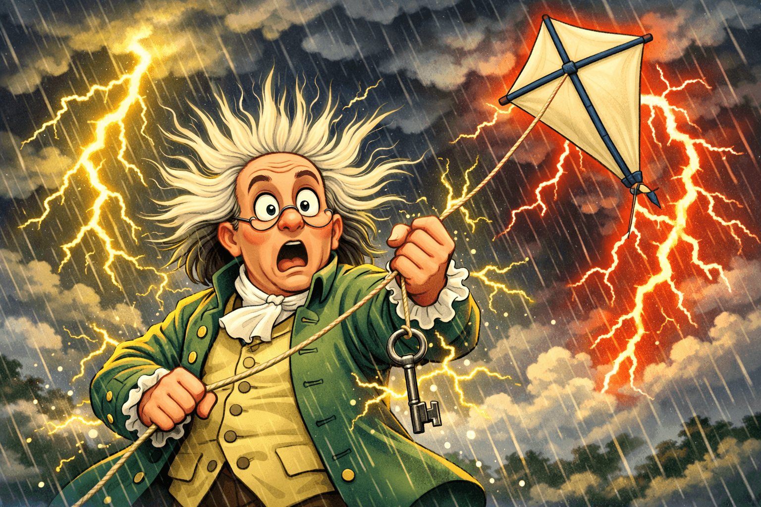Cartoon Benjamin Franklin flying a kite in a storm getting electrocuted with surprised expression