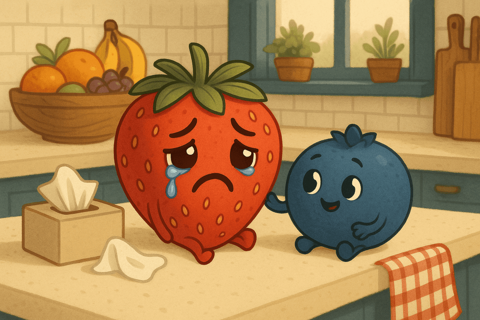 Cartoon illustration of a sad red strawberry with tears and frowning face sitting next to a cheerful blueberry, fruit bowl on kitchen counter with various fruits, tissue box nearby, cozy kitchen setting in cream, dark blue-gray, sage green, yellow, and bright red colors