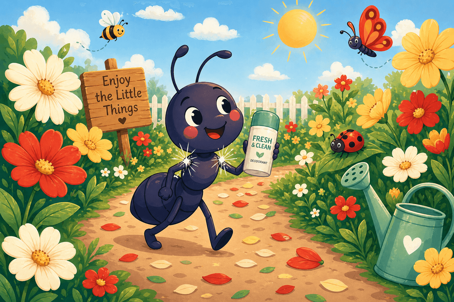 A cartoon ant walking happily with flowers nearby