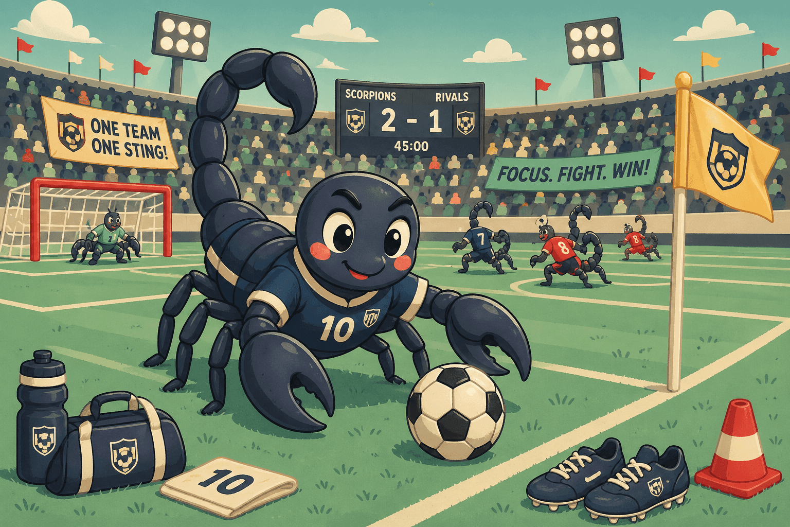 A cartoon scorpion on a soccer field with a ball nearby