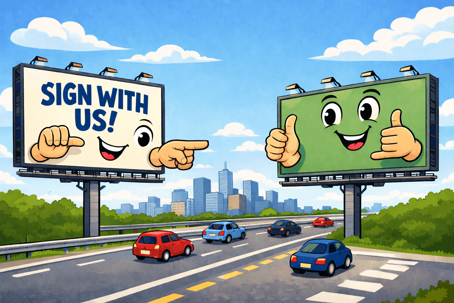 Cartoon billboards using hand gestures to communicate with each other