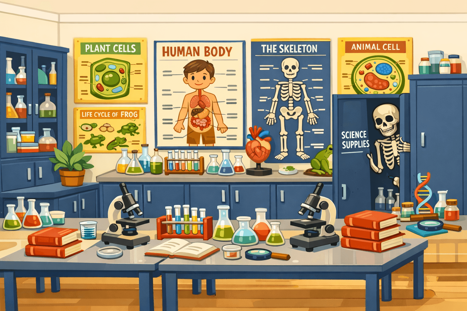 A cartoon classroom with educational science materials and lab equipment
