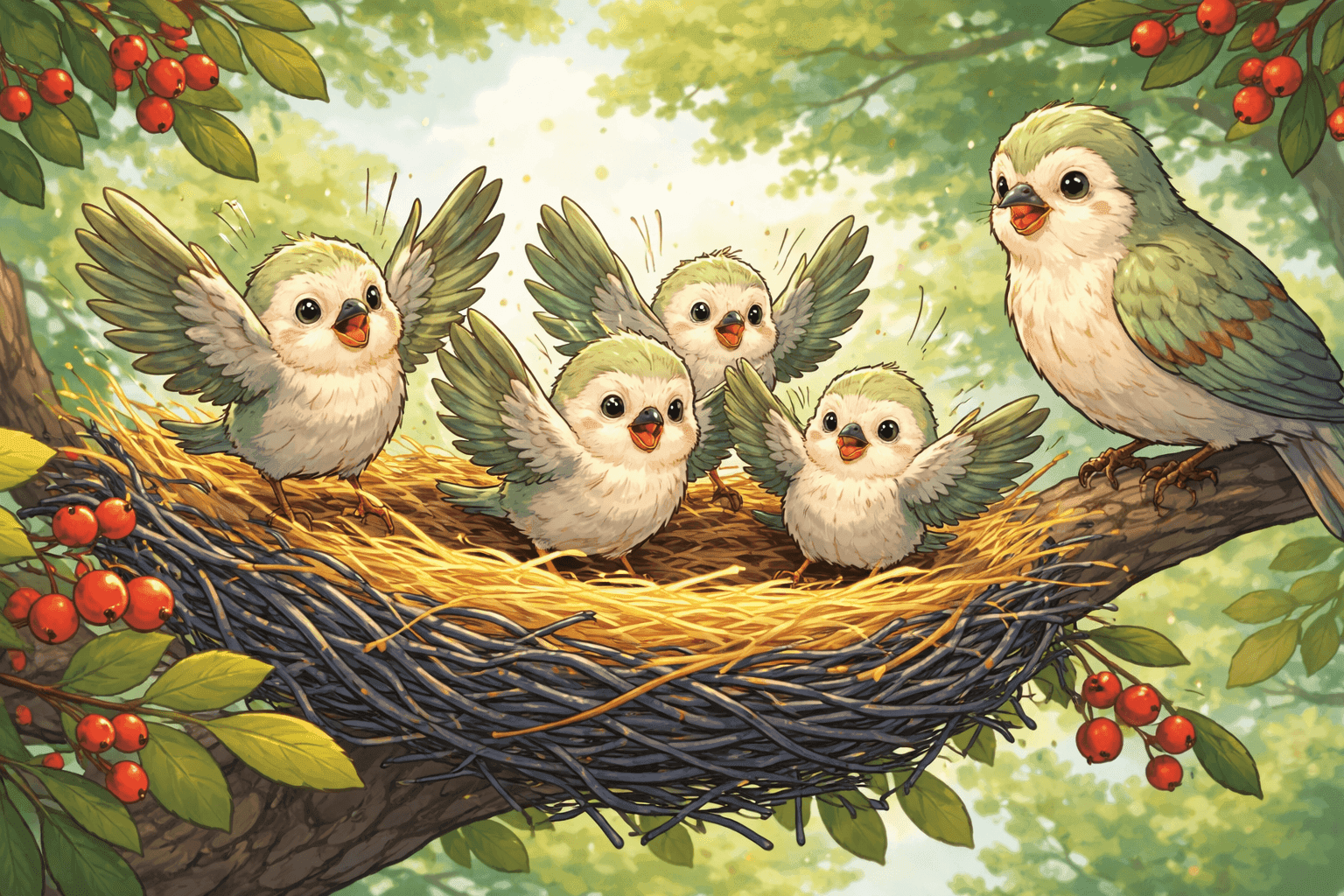 Young birds attempting their first flight from a nest