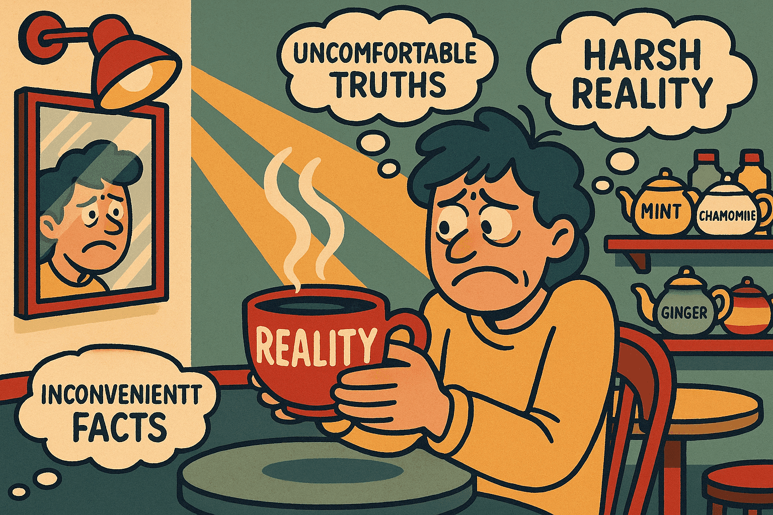 A humorous cartoon illustration of a person grimacing while holding a tea cup labeled 'Reality,' looking reluctant to drink it, with mirrors and harsh truths reflected around them