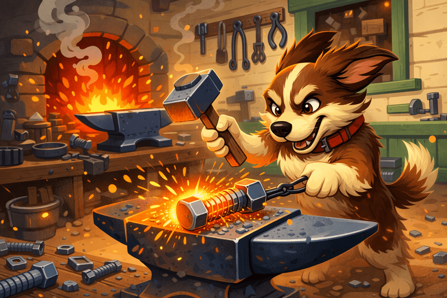 A cartoon dog running away from a house with metal bolts and tools scattered around