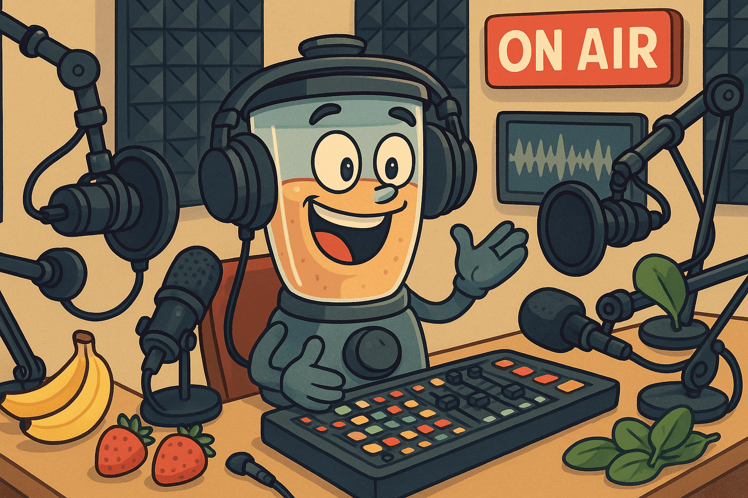 Cartoon illustration of a cheerful blender wearing headphones sitting at a podcast recording setup with microphones and sound equipment