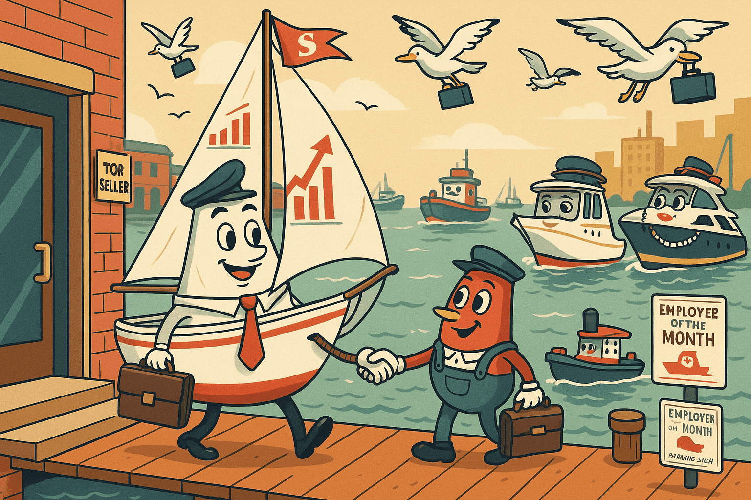 A happy cartoon boat wearing a business suit and carrying a briefcase at a marina