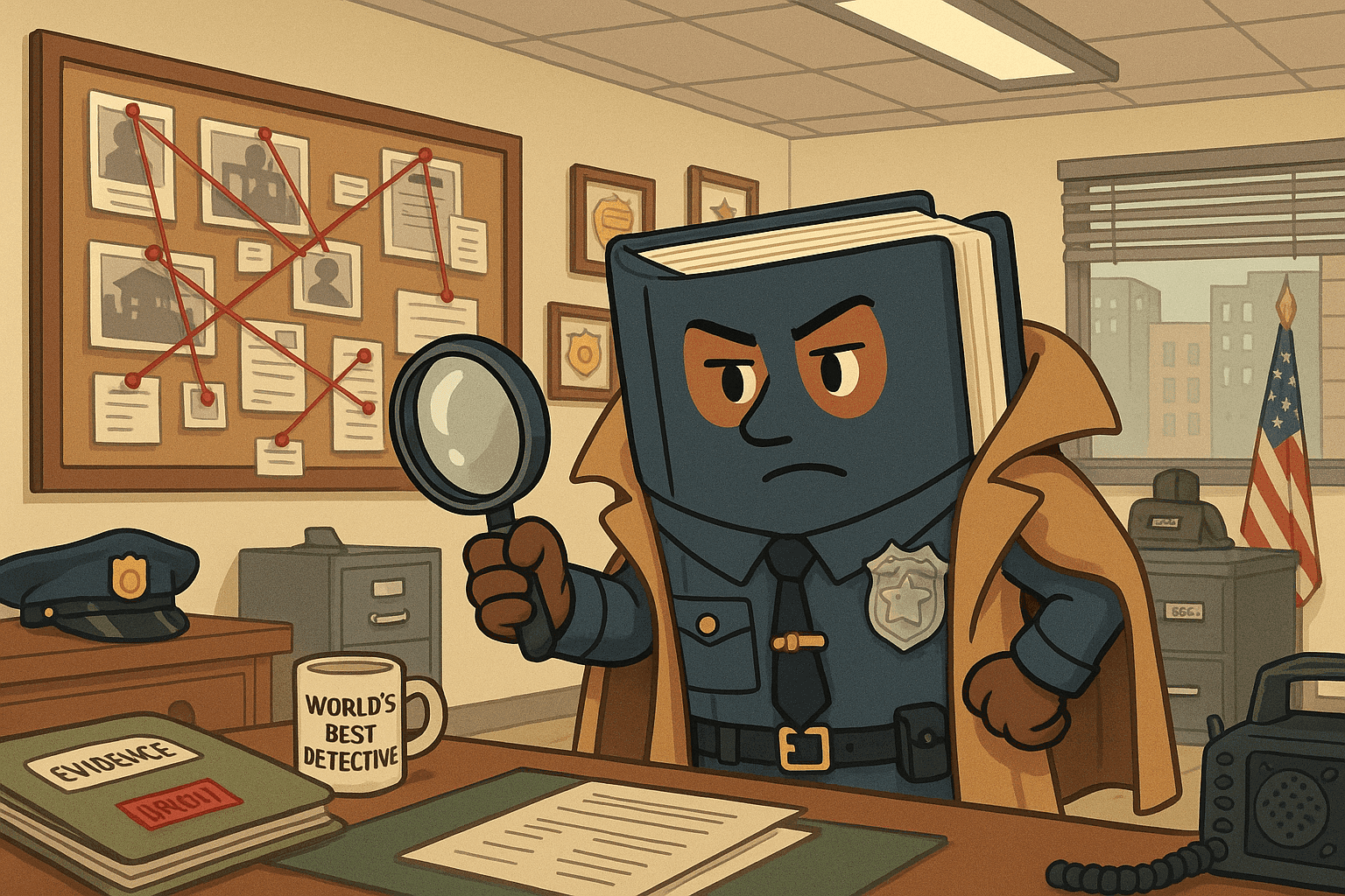 Cartoon illustration of a personified book wearing police uniform and badge, detective coat draped over shoulders, holding magnifying glass, standing in police station with evidence board and badges in cream, dark blue-gray, sage green, yellow, and bright red colors
