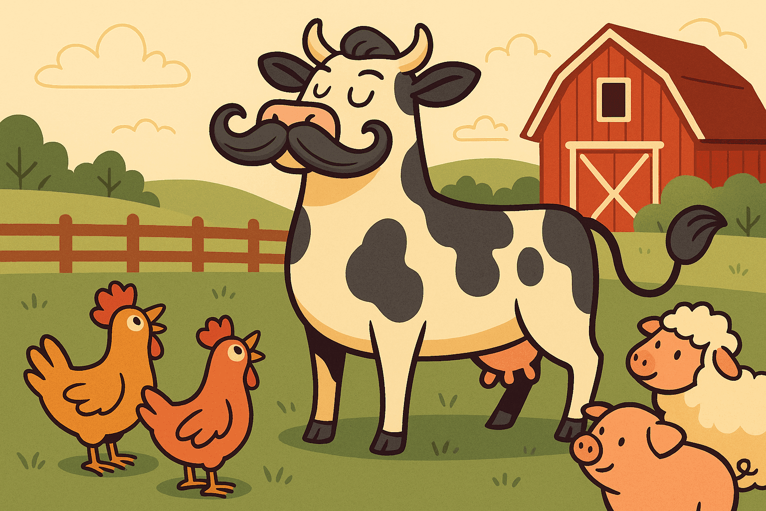 A humorous cartoon illustration of a proud cow with a large, curly mustache standing in a farm pasture, striking a sophisticated pose while other farm animals look on in admiration
