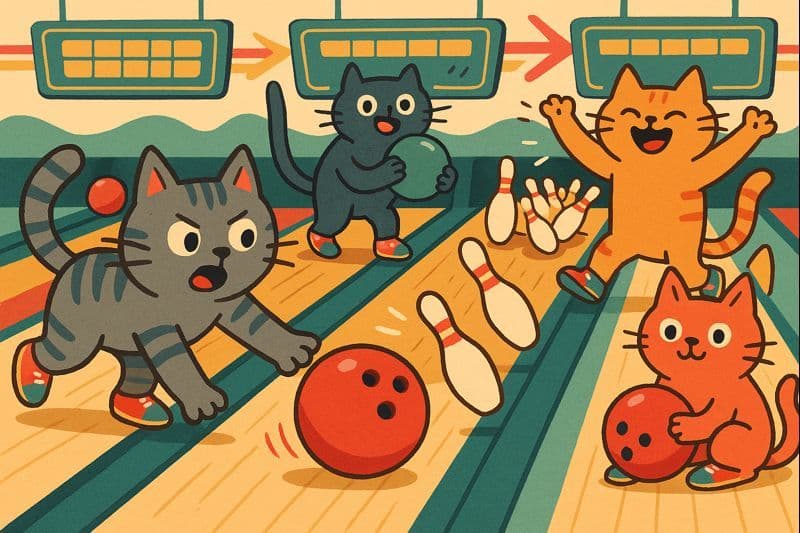 Cartoon cats bowling in an alley with bowling pins and a bowling ball
