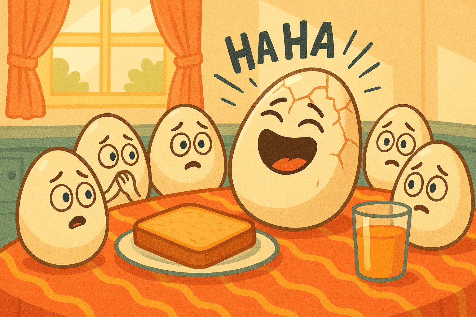 A group of cartoon eggs with big smiles sitting around a breakfast table, but looking worried as one egg in the middle has cracks forming from laughing too hard, with other eggs covering their mouths in shock