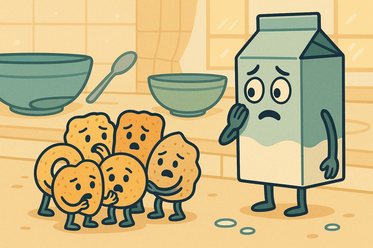 A humorous cartoon illustration of worried-looking cereal characters with arms and legs whispering to each other nervously while a milk carton with arms and legs stands nearby looking concerned, all in a breakfast kitchen setting