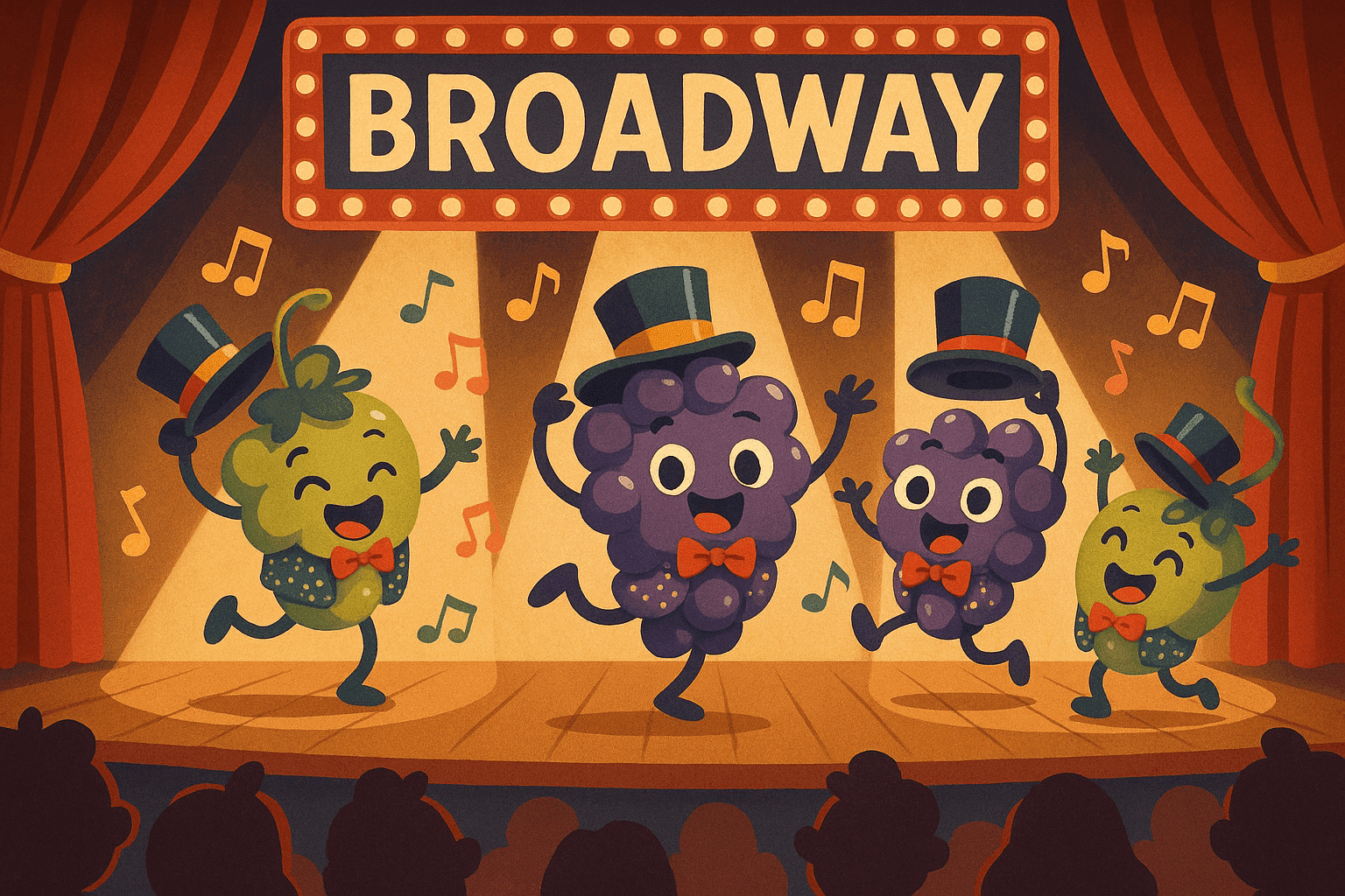 A humorous cartoon illustration of cute young grapes with arms, legs, and happy expressions wearing sparkly theater costumes and top hats, performing on a Broadway stage with bright theater lights and curtains