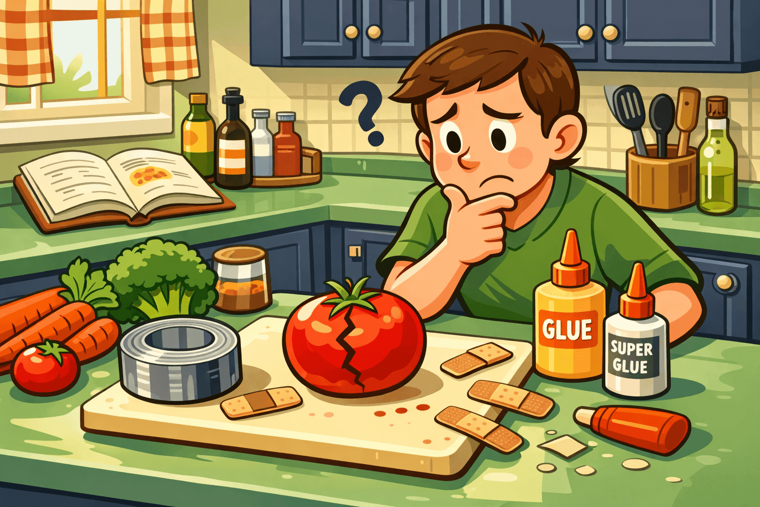 A cartoon person examining a cracked tomato with repair tools nearby