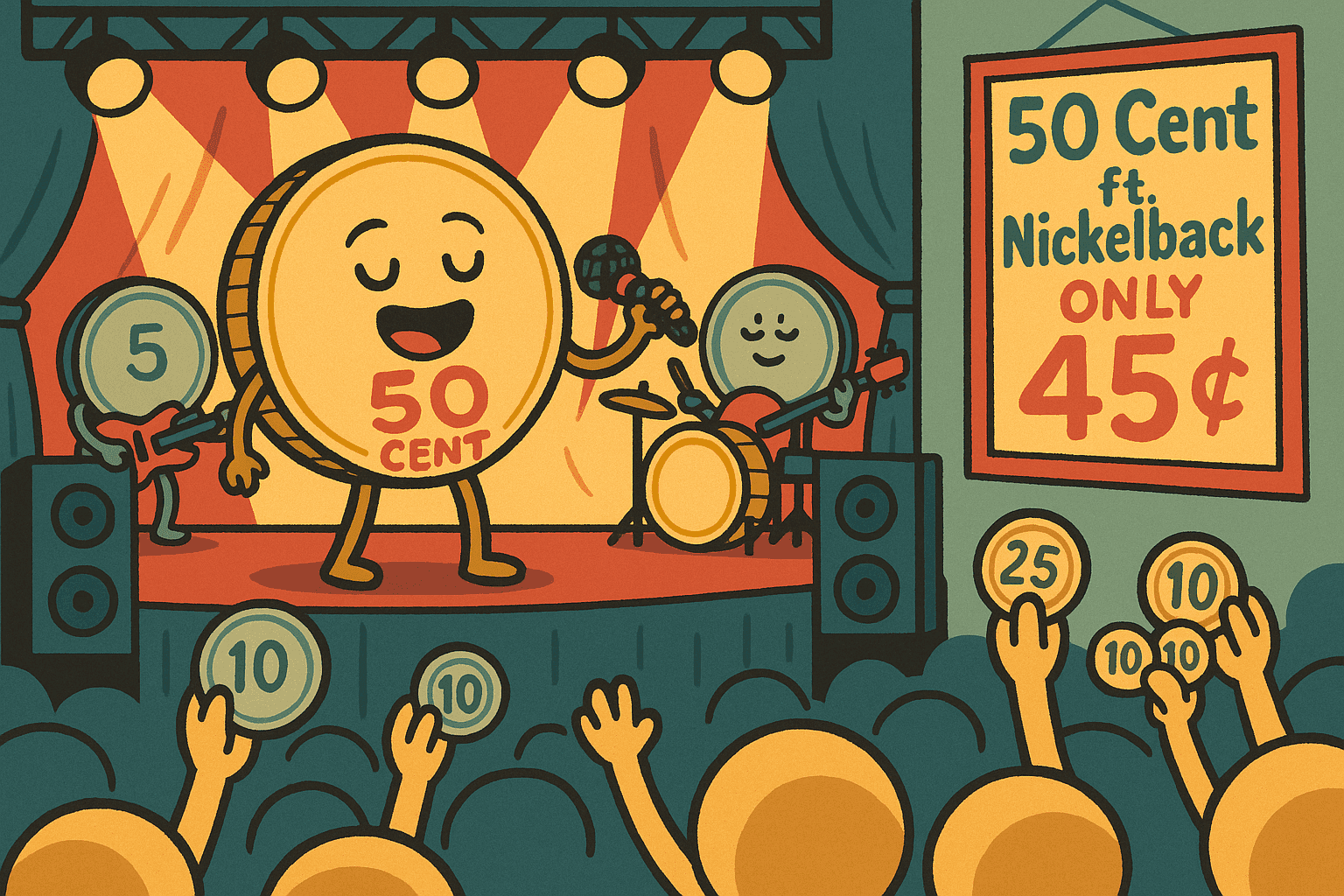 A humorous cartoon illustration of a concert stage with coins - a 50 cent piece and nickels - performing as musicians with microphones, while audience members hold up exactly 45 cents in change